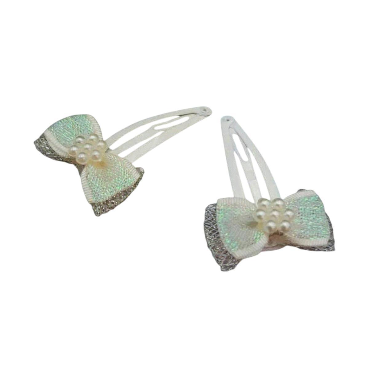 Fermaglio clic clac per capelli 4 cm in metallo avorio con fiocco in poliestere