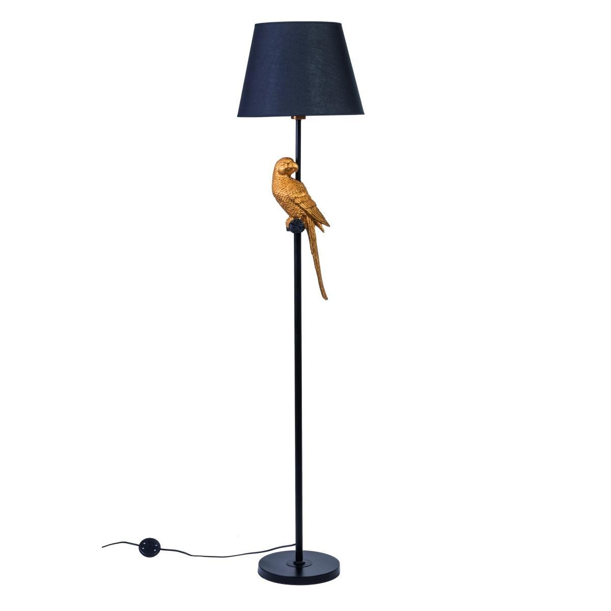 Piantana in metallo con paralume in tessuto e pappagallo decorativo in resina 34x h.164 cm