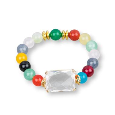 Bracciale elastico di pietre dure 10mm con ematite e centrale cabochon di cristallo 19x26mm