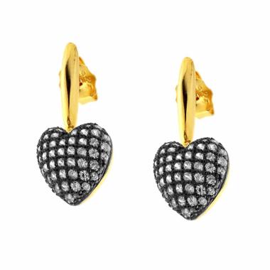 Orecchini Pendenti con Cuore Rutenio e Zirconi Bianchi in ARGENTO 925 Galvanica Oro