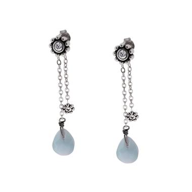 Orecchini Etnici Due Pendenti con Fiore Zircone Bianco e Pietra Naturale Goccia Calcedonio in ARGENTO 925