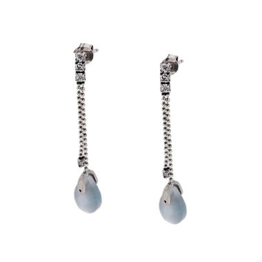 Orecchini Etnici Due Pendenti con Trilogy Zirconi Bianchi e Pietra Naturale Goccia Calcedonio in ARGENTO 925