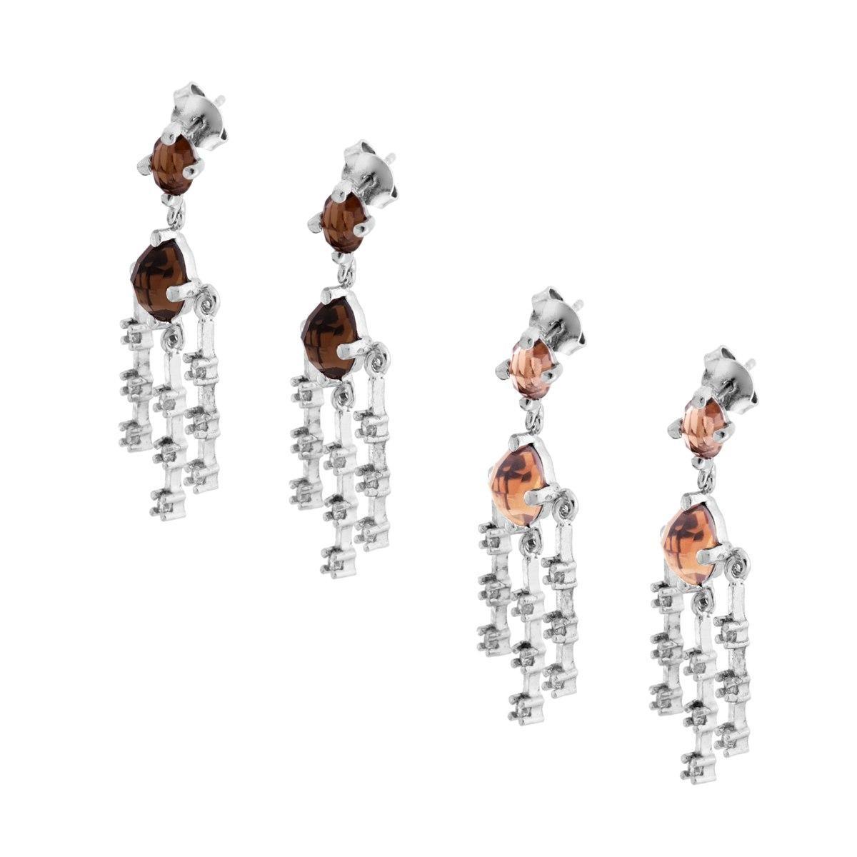 Orecchini con Cubic Zirconia Ovali Quarzo Affumicato e Fili Pendenti con Zirconi Bianchi in ARGENTO 925 Galvanica Rodio