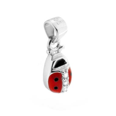 Ciondolo Portafortuna Coccinella smalto Rosso e Pois Neri con Zirconi Bianchi in ARGENTO 925 Galvanica Rodio
