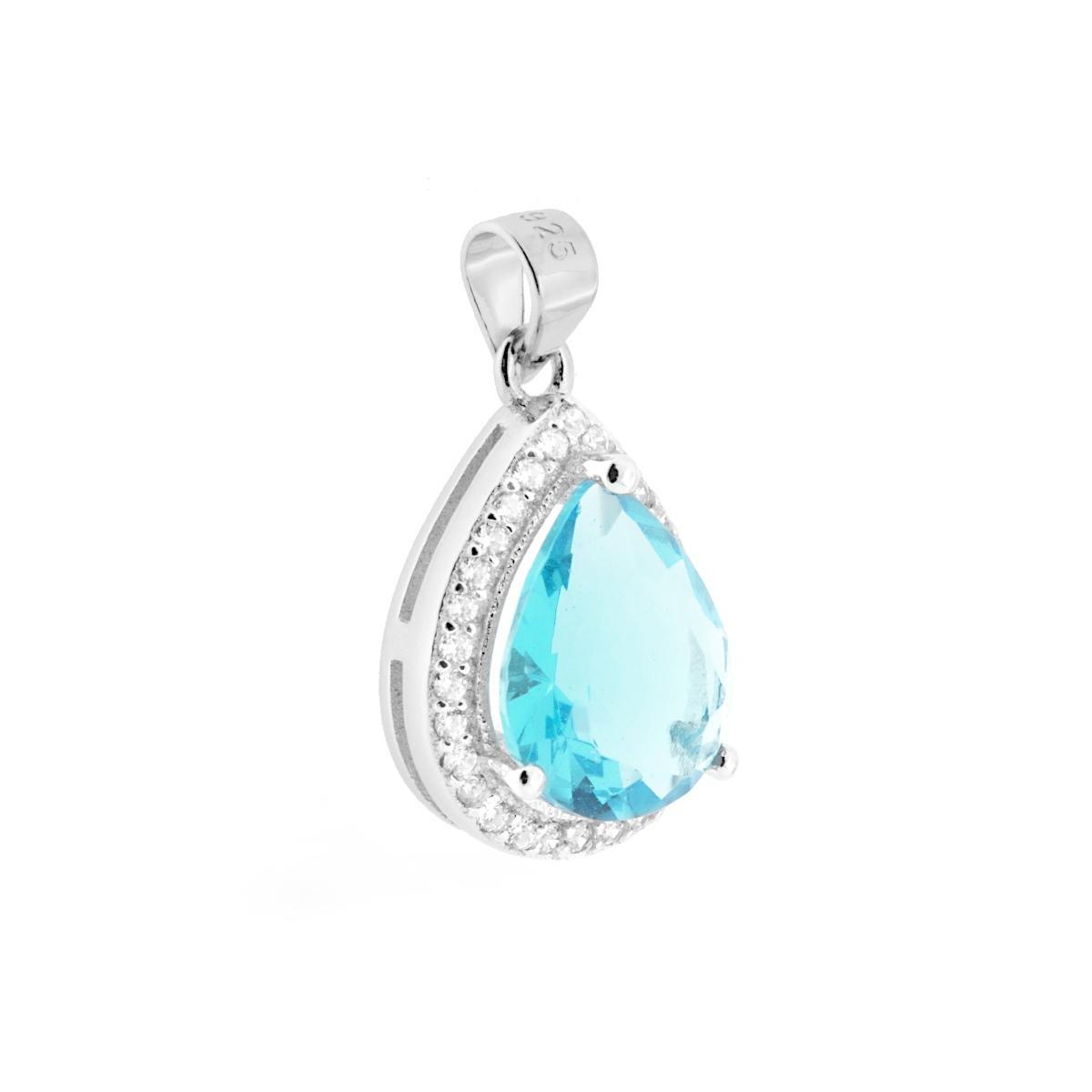 Ciondolo Goccia con Zircone Acquamarina contornato da Zirconi Bianchi in ARGENTO 925 Galvanica Rodio