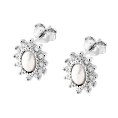Orecchini Ovali con Perla e Zirconi Bianchi in ARGENTO 925 Galvanica Rodio