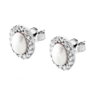 Orecchini Ovali con Perla e Zirconi Bianchi in ARGENTO 925 Galvanica Rodio