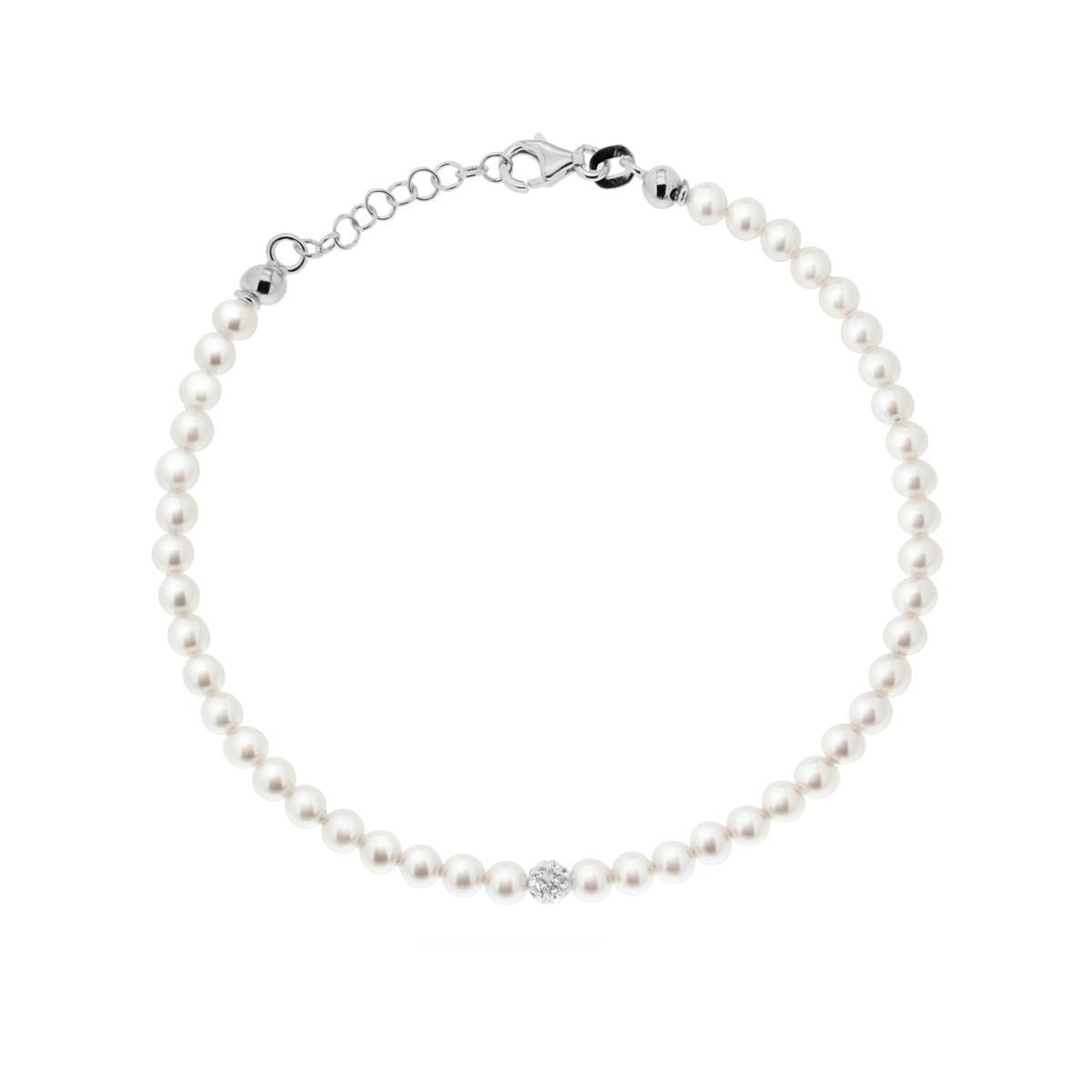 Bracciale Filo Perla Bianca mm 4 in vetro perlato con pallina Crystal Bianco con filo e chiusura in ARGENTO 925 Galvanica Rodio