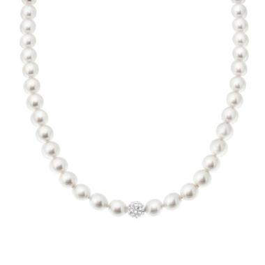 Collana Filo Perla Bianca mm 6 con Crystal centrale in ARGENTO 925 Galvanica Rodio