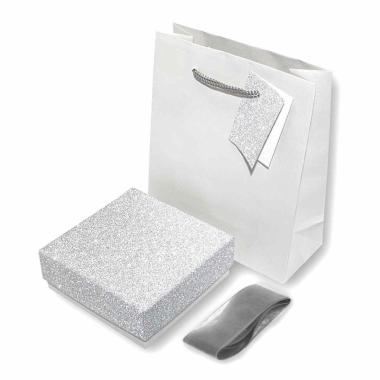 Astuccio multiuso per Gioielli cm 9,7 x 9,7 X h 3,9 colore Argento e Argento Glitter con nastro Raso Argento con Shopper inclusa