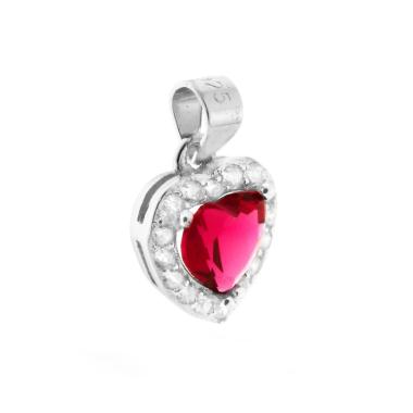 Ciondolo a forma di Cuore con Zircone Rosso Rubino contornato con Zirconi Bianchi in ARGENTO 925 Galvanica Rodio