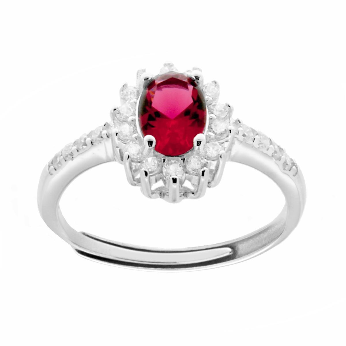 Anello Halo Solitario con Zircone Ovale colore Rosso Rubino e Zirconi Bianchi in ARGENTO 925 Galvanica Rodio