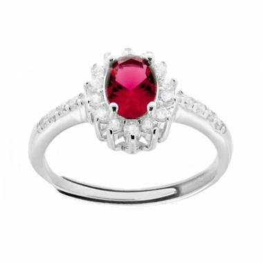 Anello Halo Solitario con Zircone Ovale colore Rosso Rubino e Zirconi Bianchi in ARGENTO 925 Galvanica Rodio