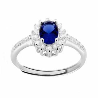 Anello Halo Solitario con Zircone Ovale colore Blu Zaffiro e Zirconi Bianchi in ARGENTO 925 Galvanica Rodio