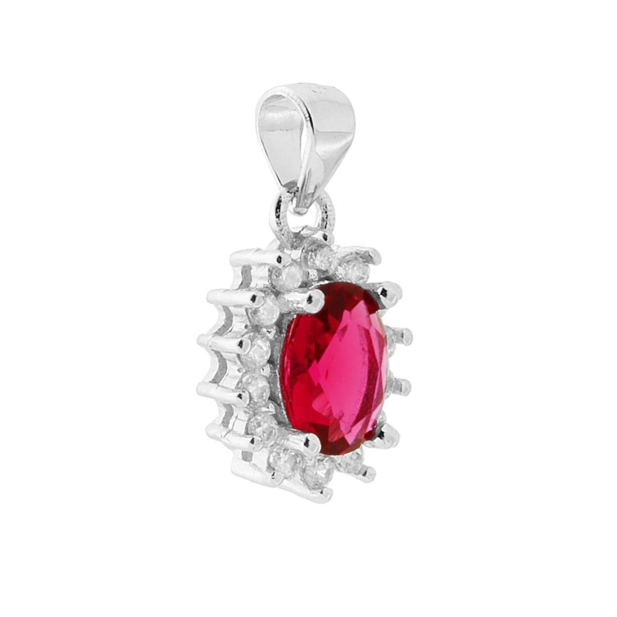 Ciondolo con Zircone Ovale Rosso Rubino contornato con Zirconi Bianchi in ARGENTO 925 Galvanica Rodio