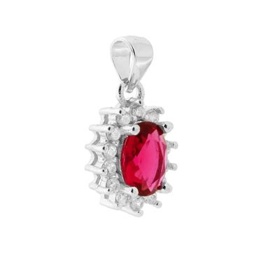 Ciondolo con Zircone Ovale Rosso Rubino contornato con Zirconi Bianchi in ARGENTO 925 Galvanica Rodio