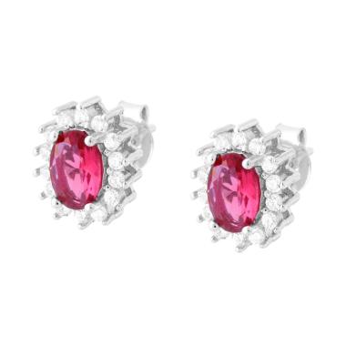 Orecchini con Zircone Ovale Rosso Rubino contornato con Zirconi Bianchi in ARGENTO 925 Galvanica Rodio