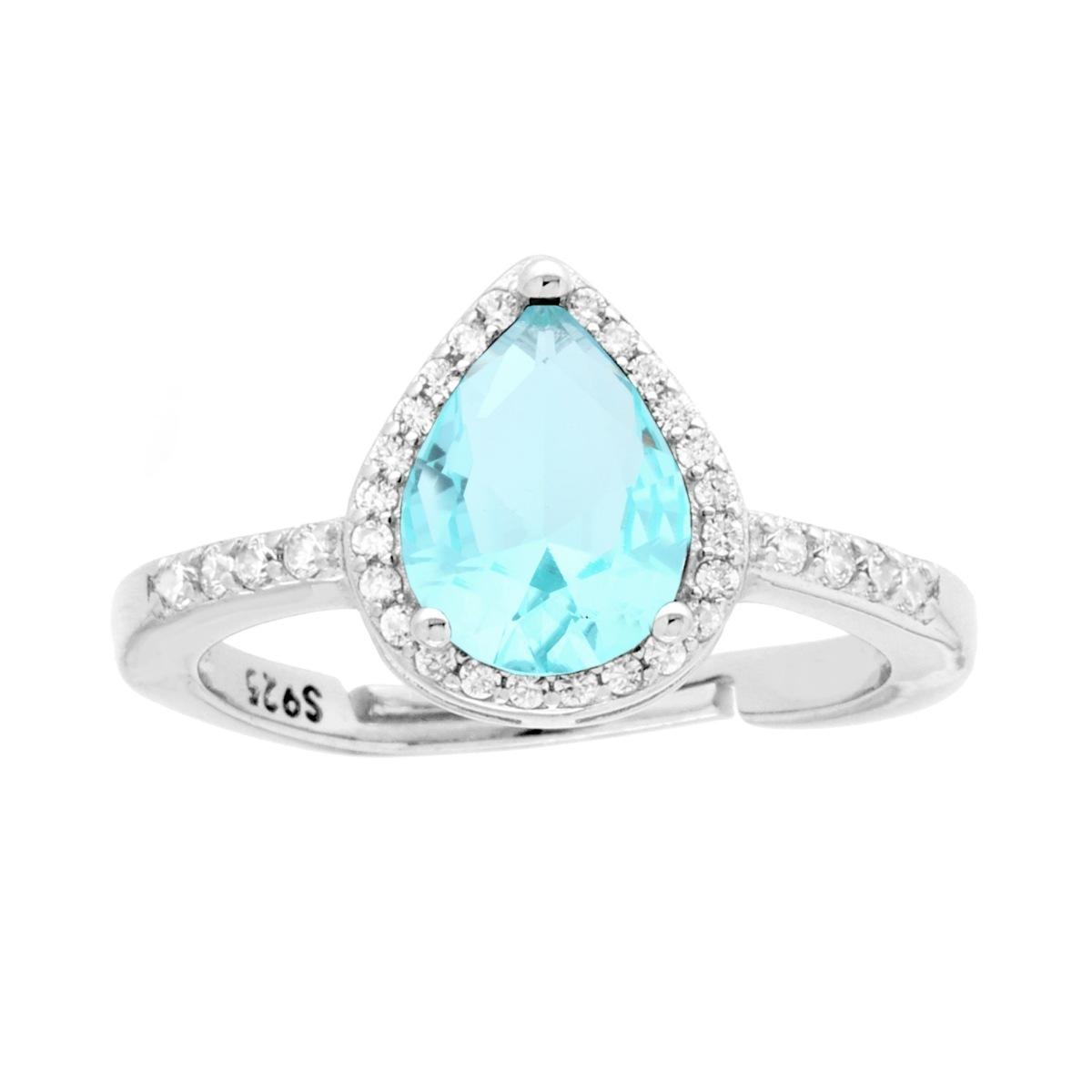 Anello Halo Solitario con Zircone a Goccia Acquamarina contornato con Zirconi Bianchi in ARGENTO 925 Galvanica Rodio