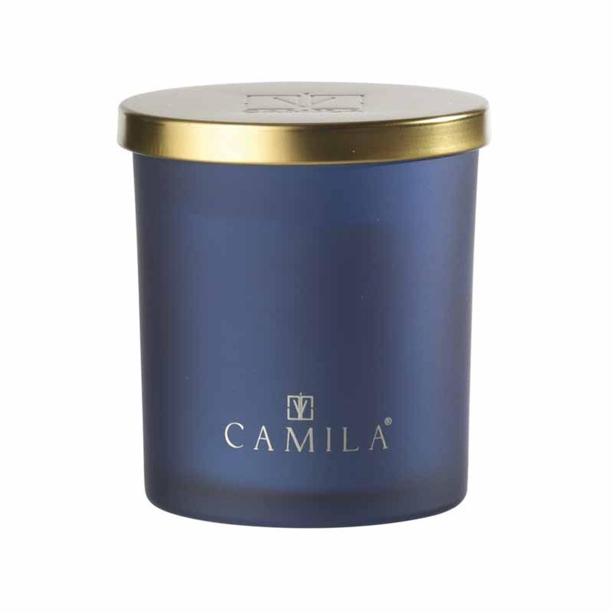 Candela profumata Capri Gold 140 gr. satinato blu fragranza cedro e arancia 7,5 x h.8 cm Camila