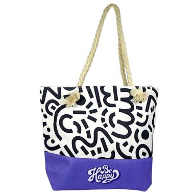 Borsa mare donna con manici in corda e cerniera motivo astratto geometrico doodle Verve