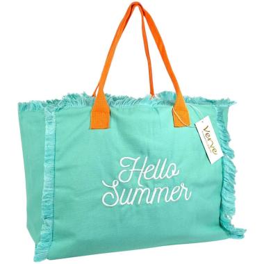 Borsa mare donna turchese con manici arancioni aperta e sfrangiata Hello Summer Verve