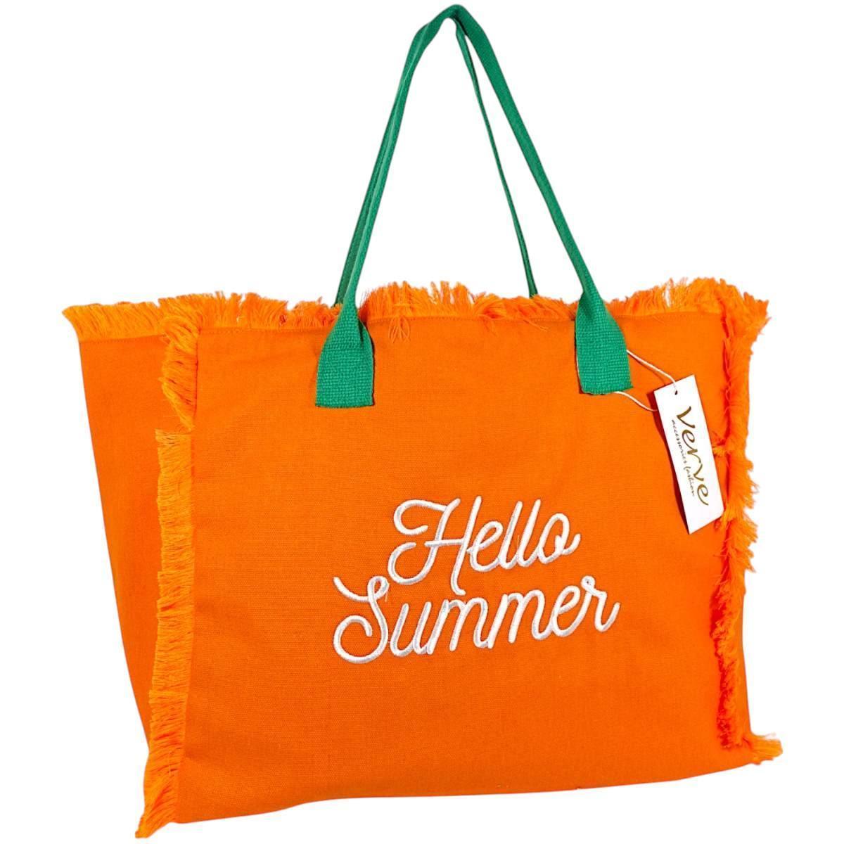 Borsa mare donna arancione con manici verdi aperta e sfrangiata Hello Summer Verve