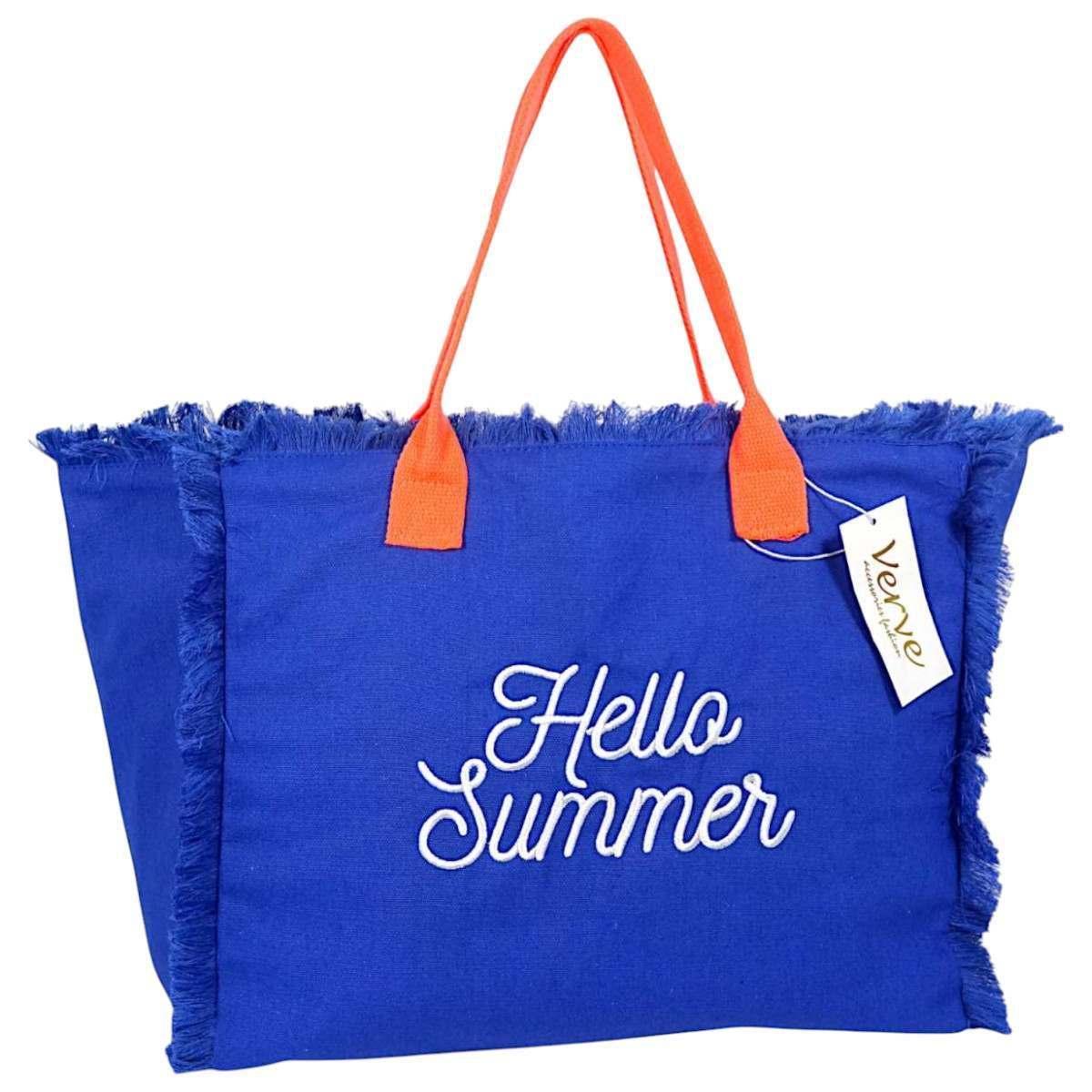 Borsa mare donna blu con manici arancioni aperta e sfrangiata Hello Summer Verve