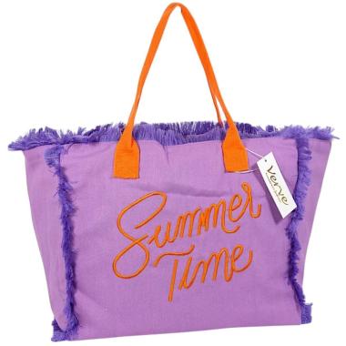 Borsa mare donna viola con manici arancioni aperta e sfrangiata Summer Time Verve