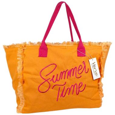 Borsa mare donna arancione con manici fucsia aperta e sfrangiata Summer Time Verve