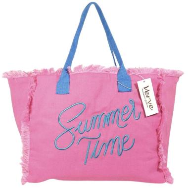 Borsa mare donna rosa con manici azzurri aperta e sfrangiata Summer Time Verve