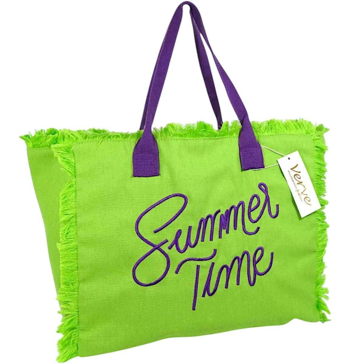Borsa mare donna verde con manici viola aperta e sfrangiata Summer Time Verve