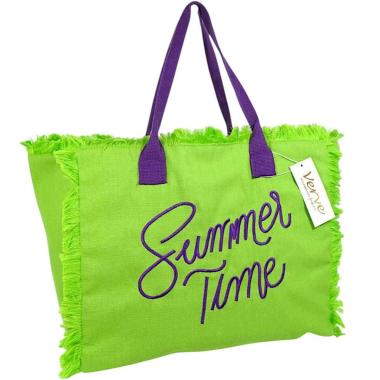 Borsa mare donna verde con manici viola aperta e sfrangiata Summer Time Verve