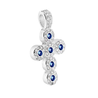 Ciondolo Croce Latina con Zirconi Blu Zaffiro e Zirconi Bianchi in ARGENTO 925 Galvanica Rodio