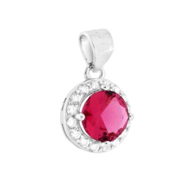 Ciondolo Tondo Rosso Rubino con Cubic Zirconia Bianchi in ARGENTO 925 Galvanica Rodio
