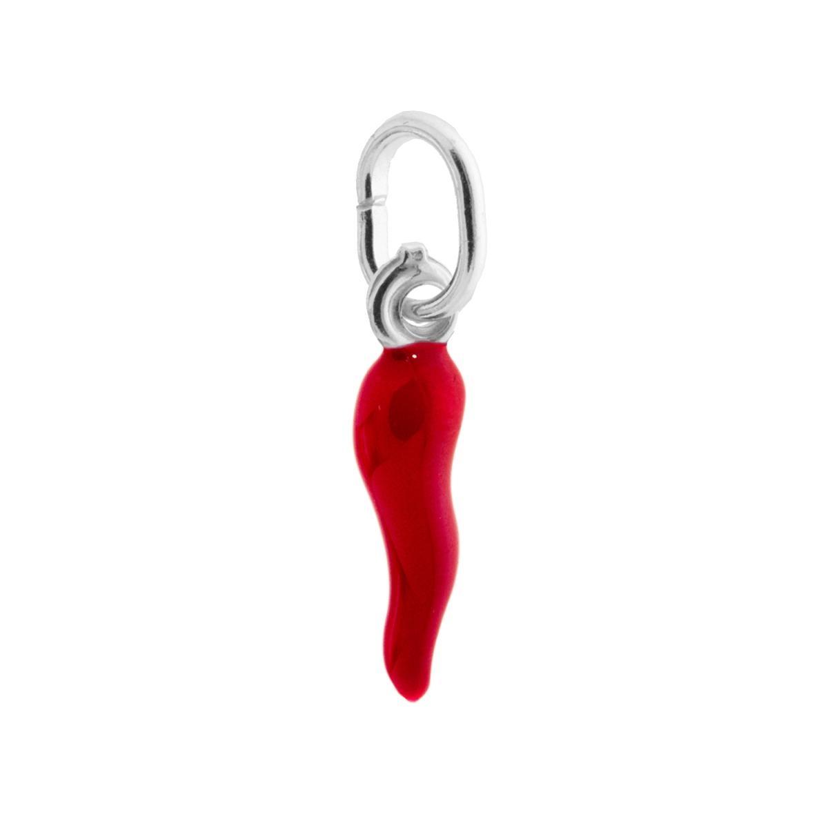 Ciondolo Portafortuna Corno mm 18 con Smalto Rosso in ARGENTO 925 Galvanica Rodio
