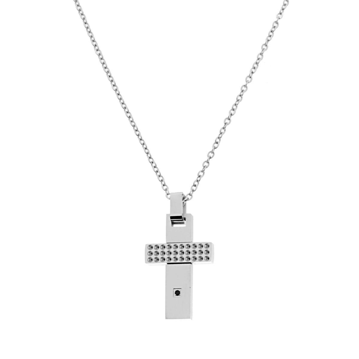 Collana Catena Forzatina con Croce con Crystal Nero in ACCIAIO