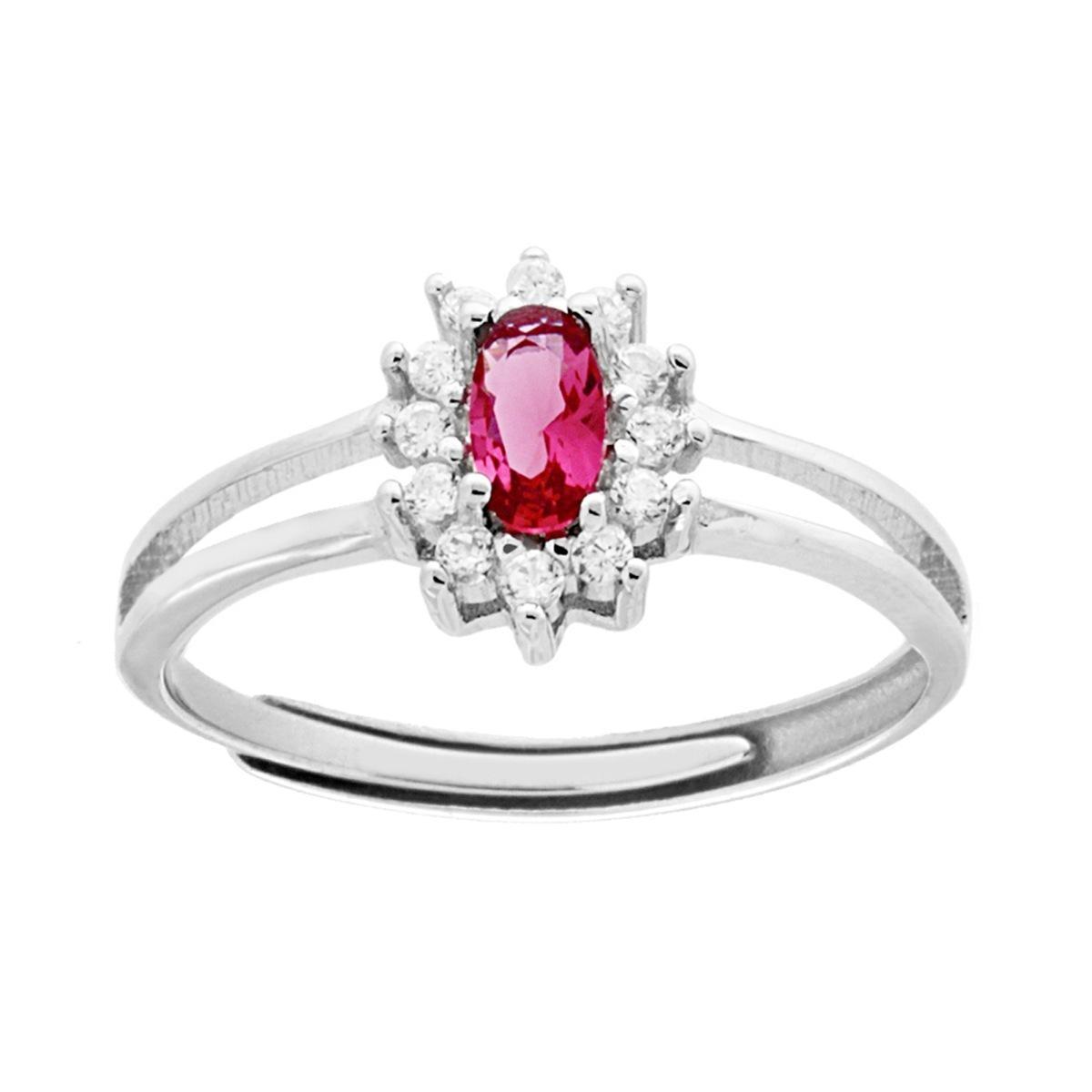 Anello Solitario con Zircone Ovale Rosso Rubino contornato con Zirconi Bianchi in ARGENTO 925 Galvanica Rodio