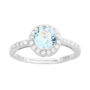 Anello Halo Solitario con Zircone Tondo Acquamarina contornato con Zirconi Bianchi in ARGENTO 925 Galvanica Rodio