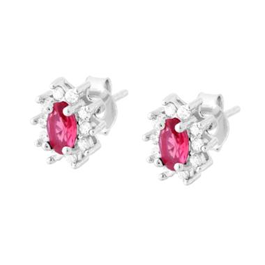 Orecchini con Zircone Ovale Rosso Rubino contornato con Zirconi Bianchi in ARGENTO 925 Galvanica Rodio