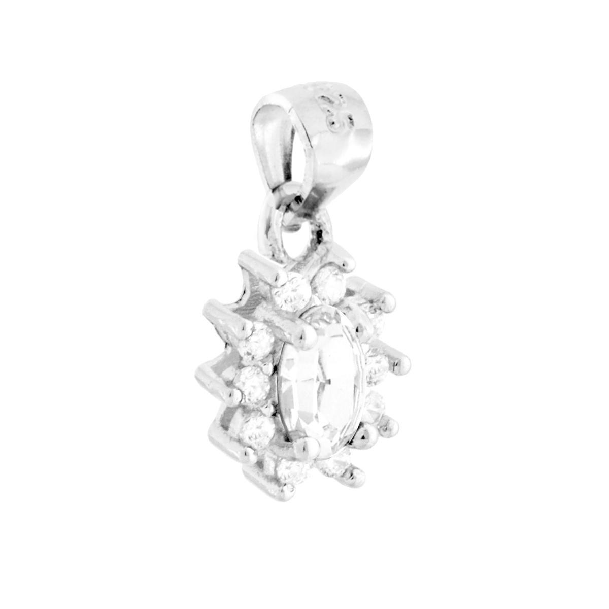 Ciondolo con Zircone Ovale Bianco contornato da Zirconi Bianchi in ARGENTO 925 Galvanica Rodio