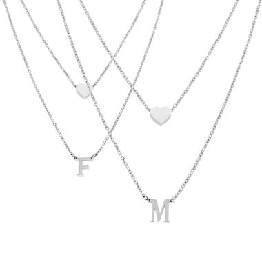 Collana doppia Catena Forzatina Diamantata con Lettera Iniziale pendente e Cuore passante in ACCIAIO