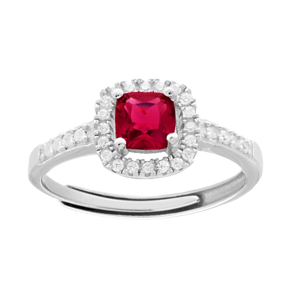 Anello Halo Solitario con Zircone Quadrato Cushion Rosso Rubino contornato da Zirconi Bianchi in ARGENTO 925 Galvanica Rodio