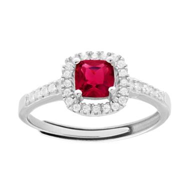 Anello Halo Solitario con Zircone Quadrato Cushion Rosso Rubino contornato da Zirconi Bianchi in ARGENTO 925 Galvanica Rodio