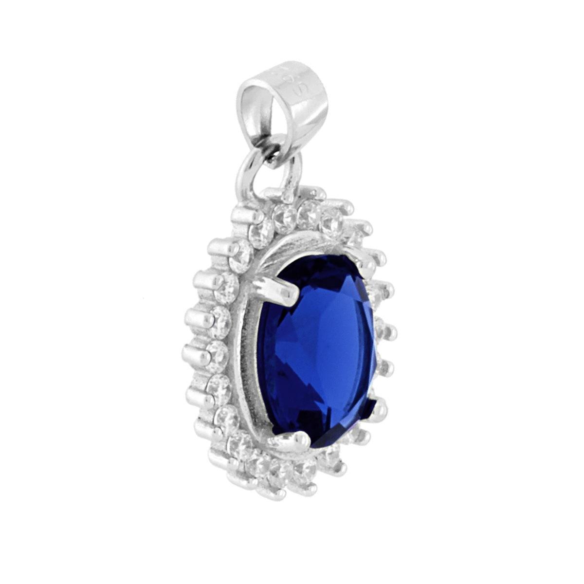 Ciondolo Ovale con Zircone Blu Zaffiro contornato da Zirconi Bianchi in ARGENTO 925 Galvanica Rodio