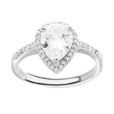 Anello Halo Solitario con Zircone a Goccia Bianco contornato da Zirconi Bianchi in ARGENTO 925 Galvanica Rodio