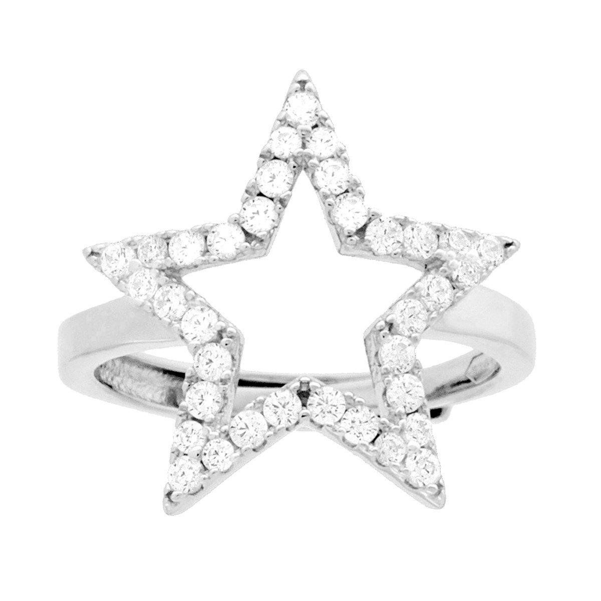 Anello Stella con Cubic Zirconia Bianchi in ARGENTO 925 Galvanica Rodio