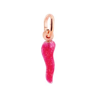 Ciondolo Portafortuna Corno mm 18 con Smalto Fucsia glitter in ARGENTO 925 Galvanica Rosa