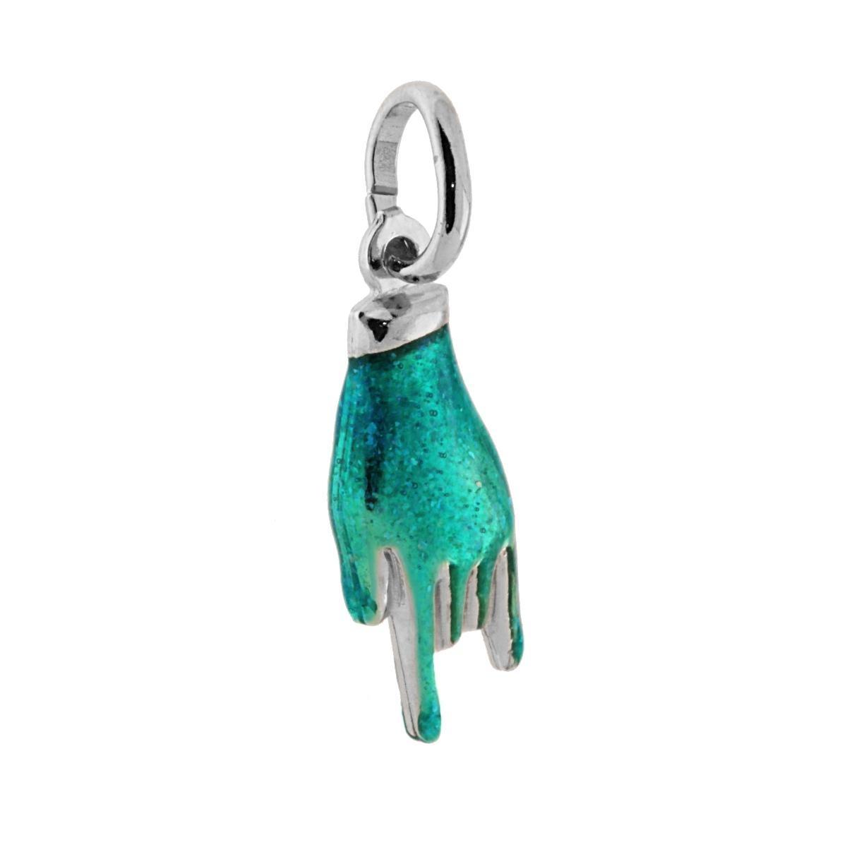 Ciondolo Portafortuna Mano Corna con Smalto glitter Turchese in ARGENTO 925 Galvanica Rodio