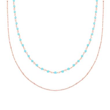 Collana due fili Catena Forzatina con Cubetti Diamantati a Specchio e Perline Azzurro in ARGENTO 925 Galvanica Rosa