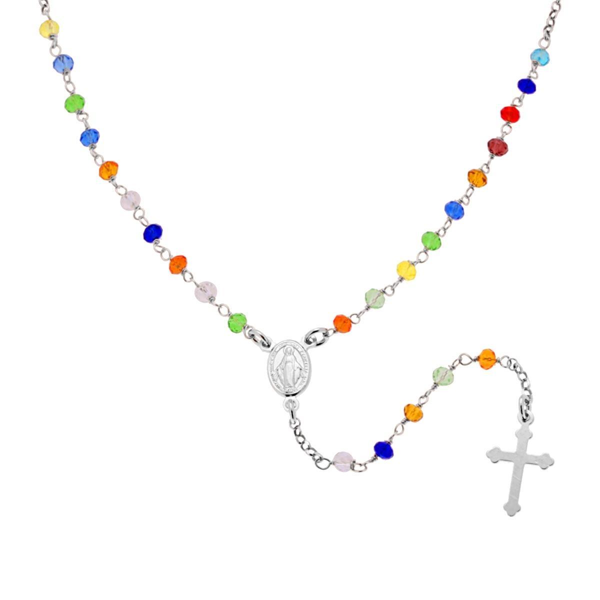 Collana Rosario cm 50 con Grani in Crystal mm 3.5 colore Multicolor Rainbow in ARGENTO 925 Galvanica Rodio